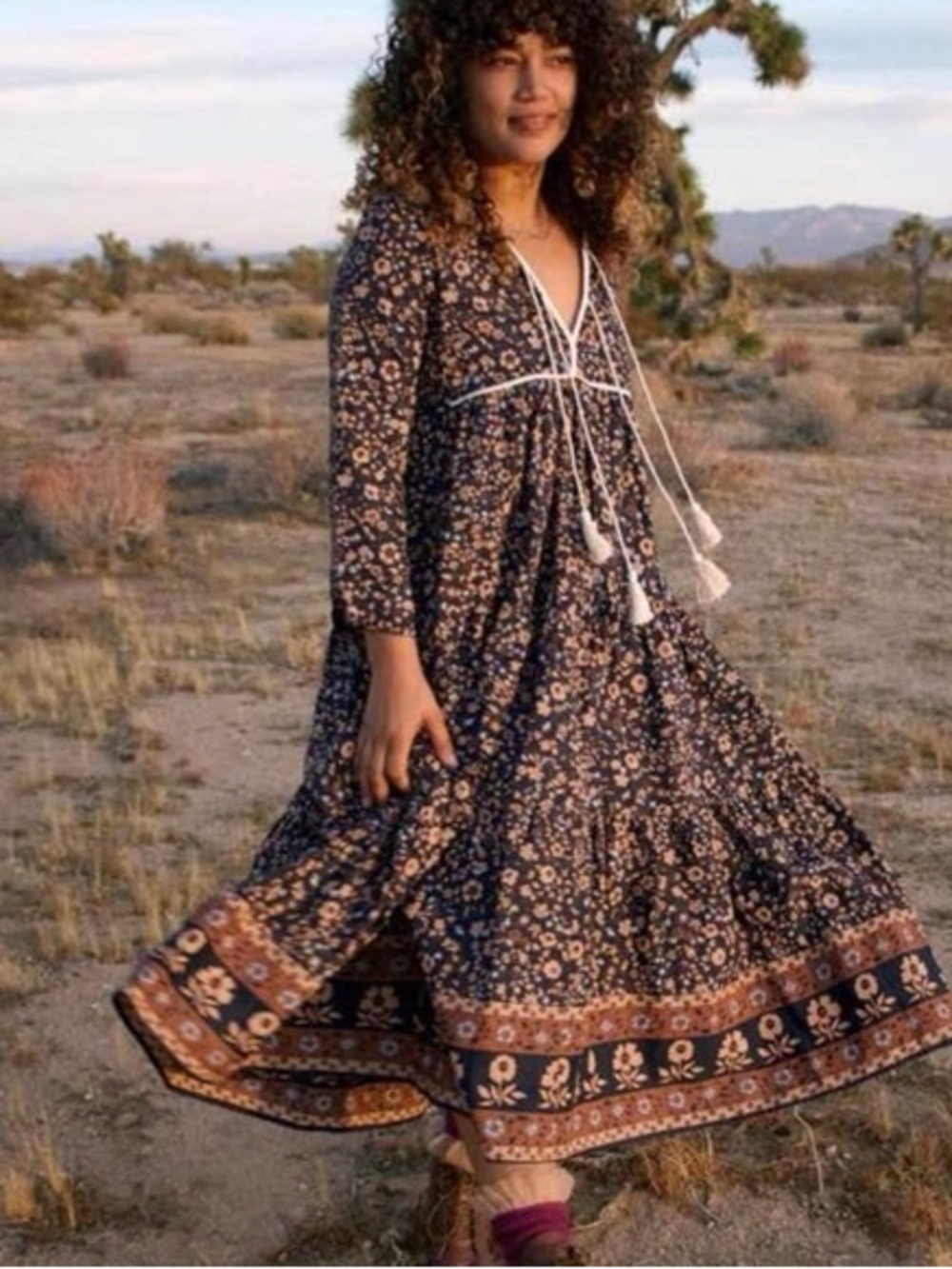 Christy Dawn Paloma Bohemian Floral Midi Dress in Navy Anemone Vine